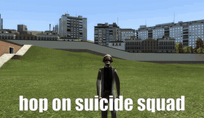 Man In Gas Mask Hop On Suicide Squad GIF