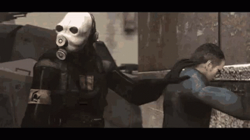 Man In Gas Mask Next To Another Man In Video Game GIF