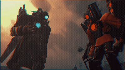 Man In Gas Mask Next To Man In Red Shirt GIF