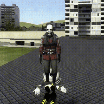 Man In Gas Mask On Brick Sidewalk GIF