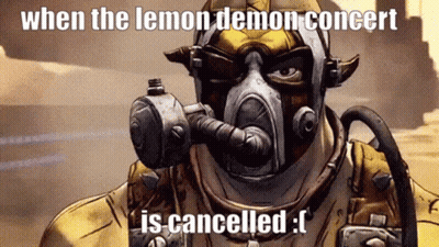 Man In Gas Mask Saying When The Lemon Demon Concert Is Cancelled GIF