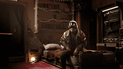 Man In Gas Mask Sitting On Bed GIF