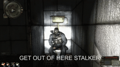 Man In Gas Mask Sitting On Toilet Get Out Of Here Stalker GIF