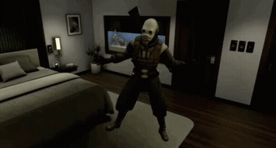 Man In Gas Mask Standing In Bedroom GIF