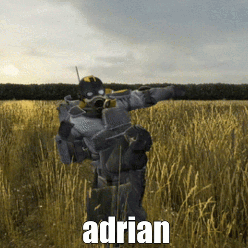 Man In Gas Mask Standing In Field With Name Adrian GIF