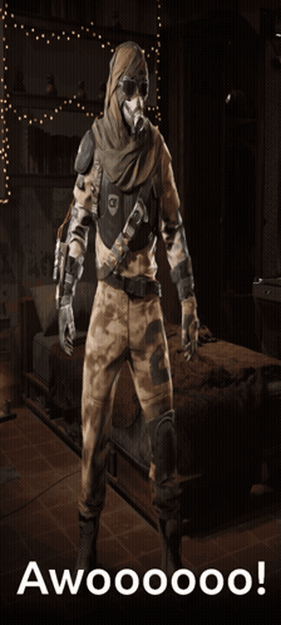 Man In Gas Mask Standing In Front Of Bed Saying Awooooo GIF