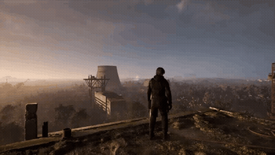 Man In Gas Mask Standing On Hill Overlooking Landscape GIF