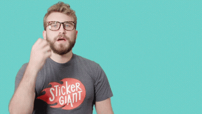 Man In Giant Sticker T-Shirt Holding Fist Up GIF