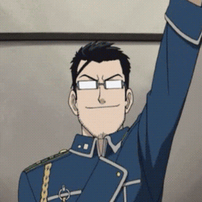 Man In Glasses And Blue Uniform With Arm Up GIF