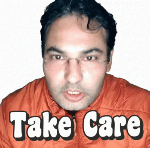 Man In Glasses And Orange Jacket With Take Care GIF
