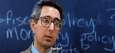 Man In Glasses In Front Of Chalkboard Saying Bueller GIF