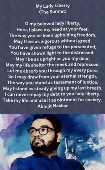 Man In Glasses In Front Of Statue Of Liberty In My Lady Liberty Poem GIF