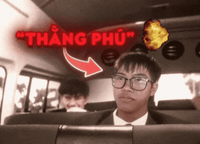 Man In Glasses On Bus With Arrow Pointing To Thang Phu GIF