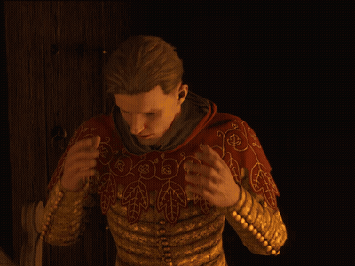 Man In Gold And Red Embroidered Jacket Holding Head GIF