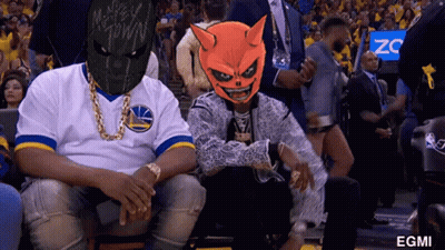 Man In Golden State Warriors Jersey Beside Man In Mask GIF