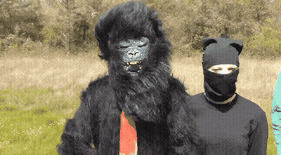 Man In Gorilla Costume Beside Woman In Cat Costume GIF