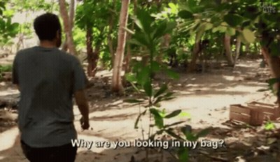 Man In Gray Shirt Walking Through Woods Asking Why Are You Looking In My Bag GIF