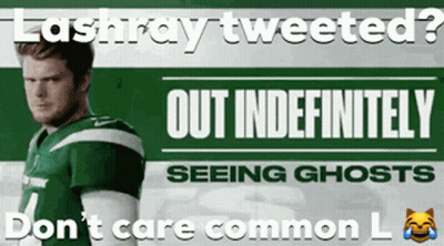 Man In Green And White Jersey In Front Of Lashray Tweeted Sign GIF