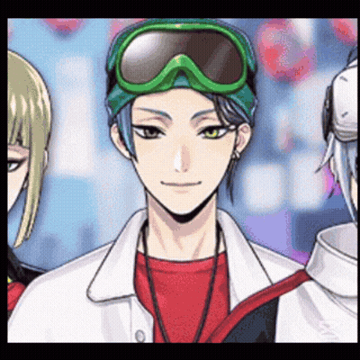 Man In Green Goggles And Red Shirt With Two Men GIF