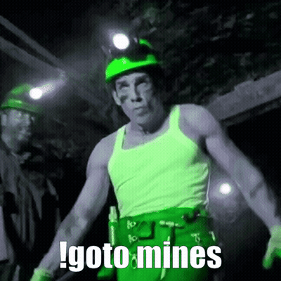 Man In Green Hard Hat And White Tank Top Says Goto Mines GIF