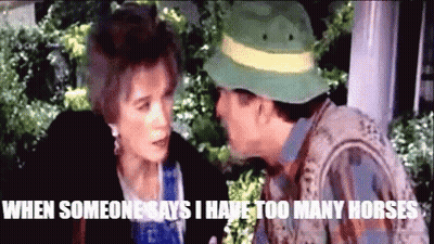 Man In Green Hat Talking To Woman Saying When Someone Says I Have Too Many Horses GIF