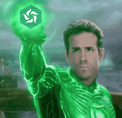 Man In Green Lantern Costume Holding Green Cube GIF