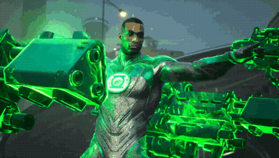 Man In Green Lantern Costume Standing Before Large Green Object GIF