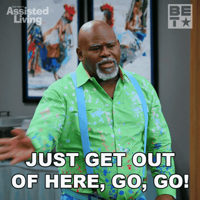 Man In Green Shirt And Suspenders Saying Get Out GIF