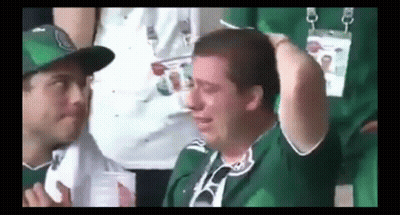 Man In Green Shirt Crying In Stadium With Onlooker GIF
