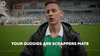 Man In Green Shirt On Soccer Field Saying Your Guddies Are Scrappers Mate GIF