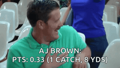 Man In Green Shirt Sitting In Stadium Saying AJ Brown Pts 0.33 GIF