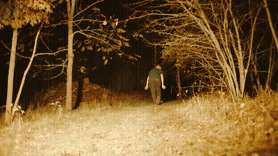 Man In Green Shirt Walking Through Dark Forest At Night GIF