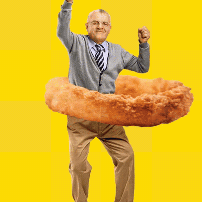 Man In Grey Cardigan And Tie Holding Fried Onion Ring GIF