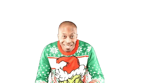 Man In Grinch Sweater Adjusting Santa Hat Sticker