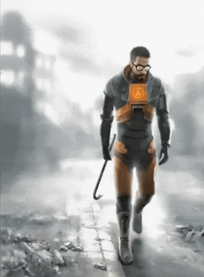 Man In Half-Life Costume Walking Down Street GIF