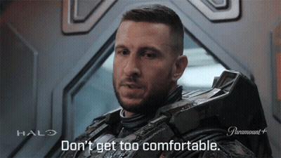 Man In Halo Costume Saying Don't Get Too Comfortable GIF