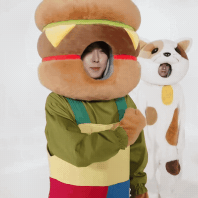 Man In Hamburger Costume And Cat GIF