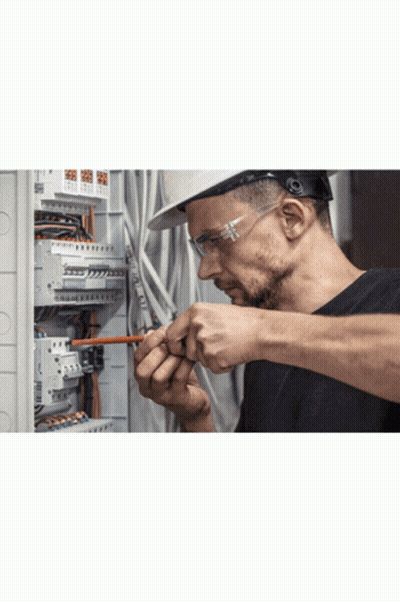 Man In Hard Hat And Safety Glasses Working On Circuit Board GIF