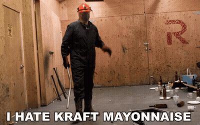 Man In Hard Hat Holding Hammer Says I Hate Kraft Mayonnaise GIF