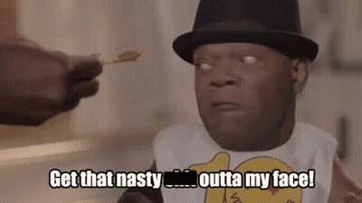 Man In Hat And Bib Saying Get That Nasty Outta My Face GIF