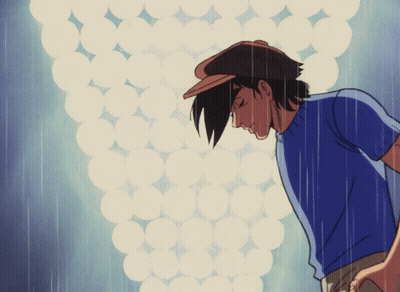 Man In Hat And Blue Shirt In Rain GIF