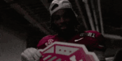 Man In Hat And Gloves Holding Pink Stop Sign GIF