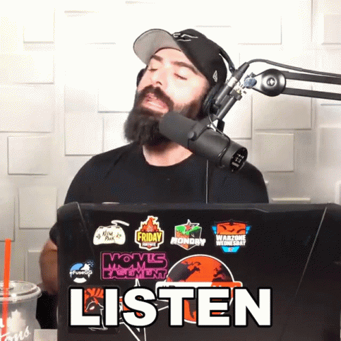 Man In Hat And Headphones In Front Of Microphone With Listen GIF