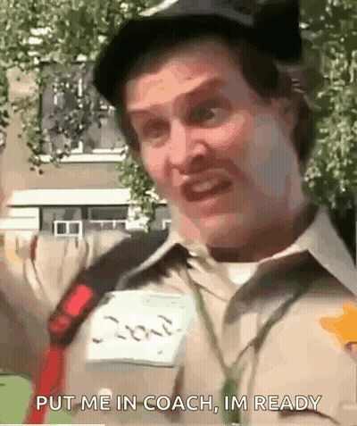 Man In Hat And Name Tag Saying Put Me In Coach Im Ready GIF