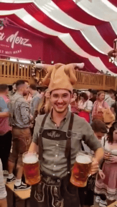 Man In Hat And Overalls Holding Two Beer Mugs GIF