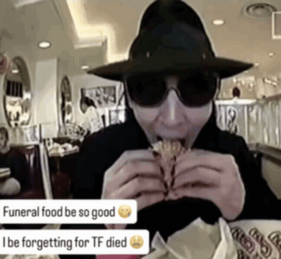Man In Hat And Sunglasses Eating Sandwich Funeral Food Be So Good GIF