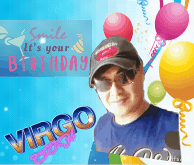 Man In Hat And Sunglasses Smiling In Front Of Balloons And Smile It's Your Birthday Sign GIF