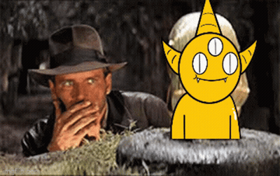 Man In Hat Covering Mouth Next To Yellow Three-Eyed Monster GIF