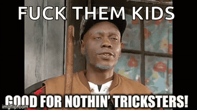 Man In Hat Holding Stick Says Fuck Them Kids Good For Nothin Tricksters GIF