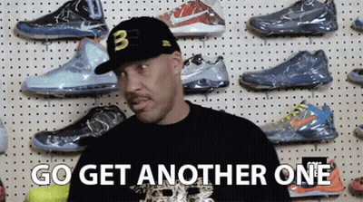 Man In Hat Says Go Get Another One In Front Of Shoe Wall GIF